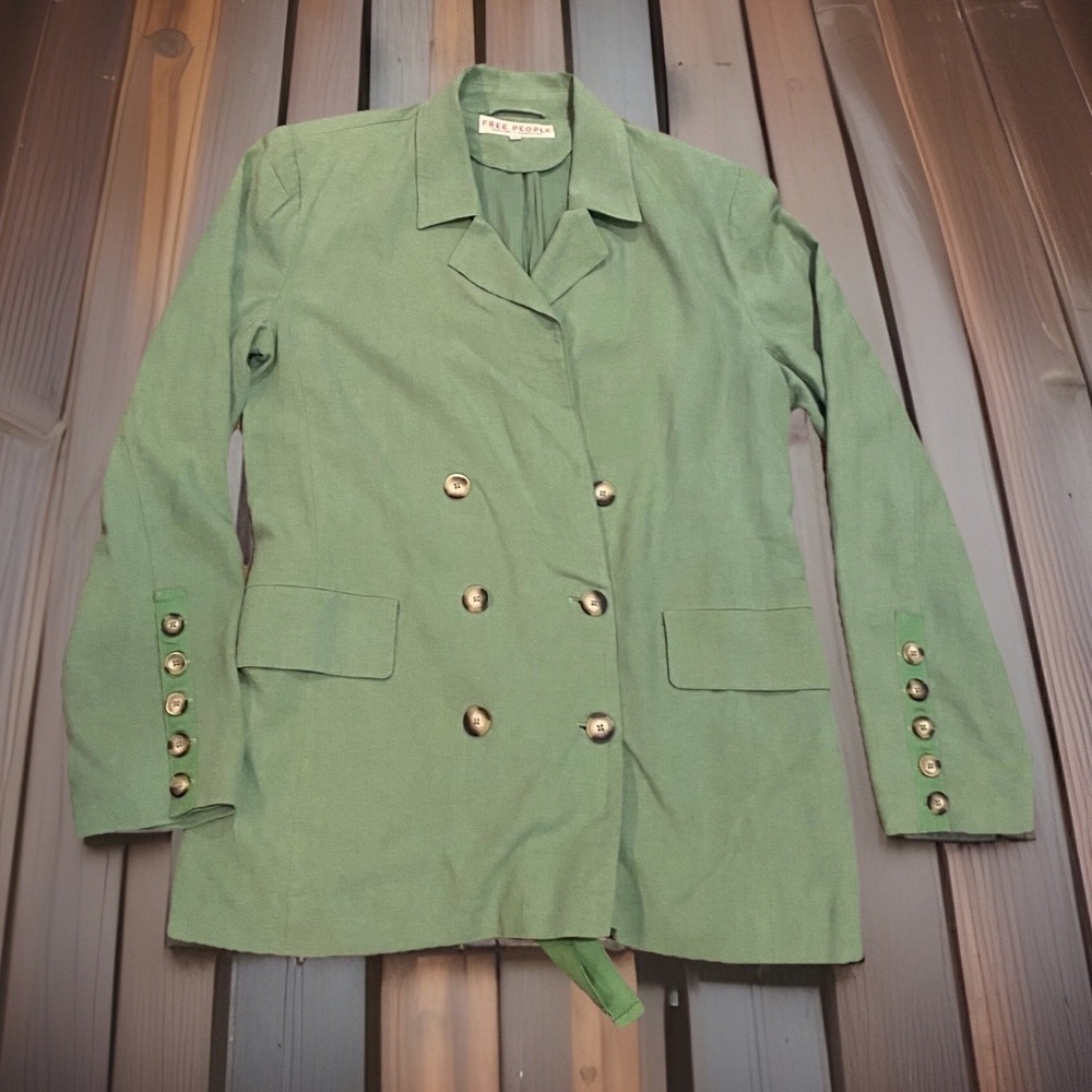 Free People Olivia Jacket Small Double Breasted Belted Green Linen Career Wear - Picture 1 of 8